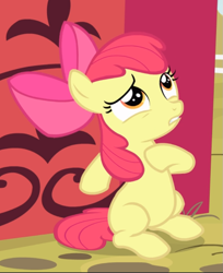 Size: 699x856 | Tagged: safe, screencap, character:apple bloom, species:earth pony, species:pony, episode:somepony to watch over me, g4, my little pony: friendship is magic, bow, cropped, female, filly, hair bow, hiding, hoof on chest, looking up, sitting, solo