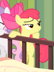 Size: 619x829 | Tagged: safe, screencap, character:apple bloom, character:sweetie belle, species:earth pony, species:pony, species:unicorn, episode:somepony to watch over me, g4, my little pony: friendship is magic, apple bloom's bow, bow, cropped, female, filly, hair bow, hoof on chin, lidded eyes, offscreen character, raised hoof, solo focus