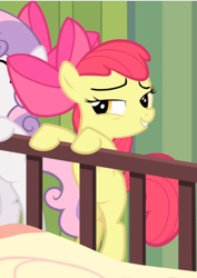 Size: 602x848 | Tagged: safe, screencap, character:apple bloom, character:sweetie belle, species:earth pony, species:pony, species:unicorn, episode:somepony to watch over me, g4, my little pony: friendship is magic, apple bloom's bow, bow, cropped, female, filly, hair bow, lidded eyes, offscreen character, smiling, smirk, solo focus