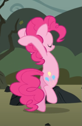 Size: 379x581 | Tagged: safe, screencap, character:pinkie pie, species:earth pony, species:pony, episode:maud pie, g4, my little pony: friendship is magic, balancing, bipedal, cropped, cute, diapinkes, eyes closed, female, hooves behind head, mare, pinkie being pinkie, raised leg, smiling, solo, twirl