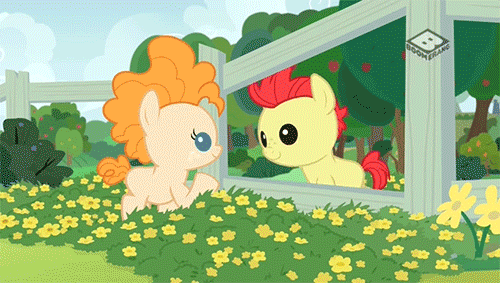 Size: 500x283 | Tagged: safe, screencap, character:bright mac, character:pear butter, species:earth pony, species:pony, ship:brightbutter, episode:the perfect pear, g4, my little pony: friendship is magic, animated, baby, baby pony, boomerang (tv channel), brightabetes, colt, cute, eyes closed, female, filly, flower, foal, gif, happy, hoofshake, male, open mouth, pearabetes, shipping, straight, sweet dreams fuel, weapons-grade cute