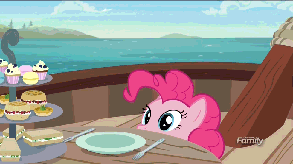 Size: 980x551 | Tagged: safe, screencap, character:pinkie pie, species:earth pony, species:pony, episode:p.p.o.v. (pony point of view), g4, my little pony: friendship is magic, animated, cute, diapinkes, female, food, gif, jumping, lifejacket, macaron, mare, open mouth, perfect loop, sandwich, solo