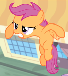 Size: 732x815 | Tagged: safe, screencap, character:scootaloo, character:sweetie belle, species:pegasus, species:pony, species:unicorn, episode:for whom the sweetie belle toils, cropped, female, filly, flapping, flying, offscreen character, solo focus, struggling, teeth