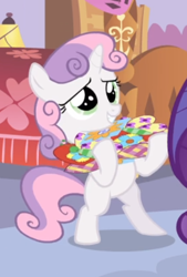 Size: 362x537 | Tagged: safe, screencap, character:rarity, character:sweetie belle, species:pony, species:unicorn, episode:for whom the sweetie belle toils, bipedal, blank flank, cropped, female, filly, holding, mare, offscreen character, smiling, solo focus