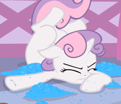 Size: 1084x936 | Tagged: safe, screencap, character:sweetie belle, species:pony, species:unicorn, episode:for whom the sweetie belle toils, crash, cropped, eyes closed, female, filly, glitter, lying down, scrunchy face, sequins, solo, sweetie fail, underhoof, wavy mouth