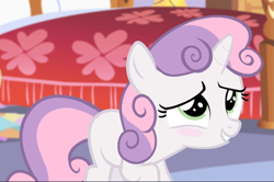 Size: 1267x839 | Tagged: safe, screencap, character:sweetie belle, species:pony, species:unicorn, episode:for whom the sweetie belle toils, blushing, cropped, cute, diasweetes, female, filly, foal, smiling, solo