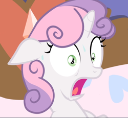 Size: 1016x939 | Tagged: safe, screencap, character:sweetie belle, species:pony, species:unicorn, episode:for whom the sweetie belle toils, cropped, female, filly, floppy ears, open mouth, panting, scared, solo, sweat, wide eyes