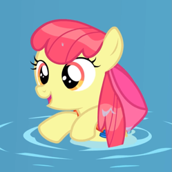 Size: 831x833 | Tagged: safe, screencap, character:apple bloom, species:earth pony, species:pony, episode:leap of faith, g4, my little pony: friendship is magic, adorabloom, bow, cropped, cute, female, filly, floatie, hair bow, open mouth, solo, swimming, wet, wet mane
