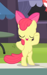 Size: 302x482 | Tagged: safe, screencap, character:apple bloom, species:earth pony, species:pony, episode:leap of faith, g4, my little pony: friendship is magic, bipedal, cropped, eyes closed, female, filly, foal, hooves on hips, human pose, stretching