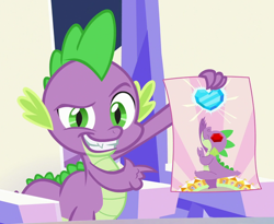 Size: 512x419 | Tagged: safe, screencap, character:spike, species:dragon, episode:the crystalling, g4, my little pony: friendship is magic, claws, cropped, crystal heart, dreamworks face, fangs, hero, male, poster, season 6, smiling, smug, solo, sunburst background