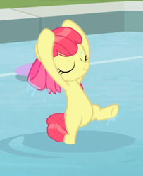 Size: 550x677 | Tagged: safe, screencap, character:apple bloom, species:earth pony, species:pony, episode:leap of faith, g4, my little pony: friendship is magic, adorabloom, cropped, cute, eyes closed, female, filly, hoof on head, smiling, solo, standing, standing on one leg, water ballet, wet, wet mane