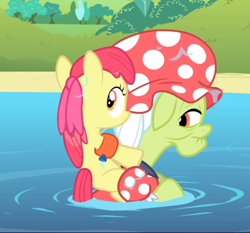 Size: 790x735 | Tagged: safe, screencap, character:apple bloom, character:granny smith, species:earth pony, species:pony, episode:leap of faith, g4, my little pony: friendship is magic, adorabloom, bow, clothing, cropped, cute, elderly, female, filly, floppy ears, hair bow, hat, looking back, piggyback ride, smiling, swimming, swimming cap, swimming hole, wet