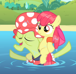 Size: 784x760 | Tagged: safe, screencap, character:apple bloom, character:granny smith, species:earth pony, species:pony, episode:leap of faith, g4, my little pony: friendship is magic, adorabloom, bow, clothing, cropped, cute, elderly, eyes closed, female, filly, floatie, hair bow, hat, piggyback ride, smiling, swimming, swimming cap, swimming hole, wet, wet mane