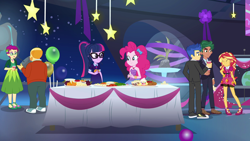 Size: 1920x1080 | Tagged: safe, screencap, character:flash sentry, character:pinkie pie, character:sunset shimmer, character:timber spruce, character:twilight sparkle, character:twilight sparkle (scitwi), species:eqg human, episode:twilight under the stars, g4, my little pony:equestria girls, background human, bald, buffet, female, food, grassy knoll (character), hors d'oeuvre, legs, male, male pattern baldness, pastries, pastry, ponytail, table, thick coat