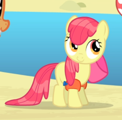 Size: 426x420 | Tagged: safe, screencap, character:apple bloom, species:earth pony, species:pony, episode:leap of faith, g4, my little pony: friendship is magic, adorabloom, bow, cropped, cute, female, filly, floatie, hair bow, offscreen character, smiling, solo, solo focus, wet, wet mane