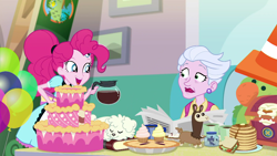Size: 1920x1080 | Tagged: safe, screencap, character:pinkie pie, species:dog, episode:five stars, g4, my little pony:equestria girls, background human, book, cake, camp everfree logo, clothing, coffee, coffee mug, cupcake, cute, diapinkes, dress, female, food, mug, multeity, obsession, overkill, pancakes, parakeet, pie, pinkie being pinkie, ponytail, server pinkie pie, sleeping, too much pink energy is dangerous, traffic cone, wooyoo