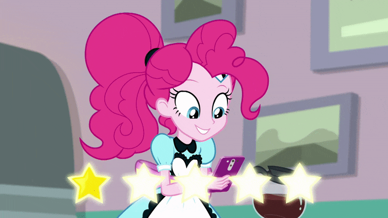 Size: 800x450 | Tagged: safe, screencap, character:pinkie pie, episode:five stars, g4, my little pony:equestria girls, animated, apron, clothing, female, rating, sad, server pinkie pie, shop, sweet snacks cafe