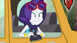 Size: 1920x1080 | Tagged: safe, screencap, character:rarity, episode:fomo, g4, my little pony:equestria girls, binoculars, bracelet, jewelry, lip bite, shawl, shocked, shocked expression, spying, sunglasses, taxi