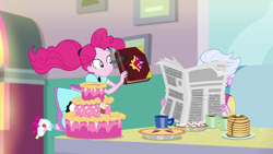 Size: 1920x1080 | Tagged: safe, screencap, character:pinkie pie, episode:five stars, g4, my little pony:equestria girls, background human, book, cake, clothing, cupcake, cute, dress, female, food, pancakes, pie, ponytail, server pinkie pie