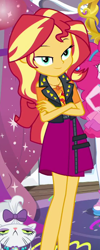 Size: 398x997 | Tagged: safe, screencap, character:opalescence, character:pinkie pie, character:sunset shimmer, episode:fomo, g4, my little pony:equestria girls, cat, clothing, cropped, crossed arms, cute, female, geode of empathy, jacket, legs, looking at you, magical geodes, offscreen character, shimmerbetes, skirt, smiling