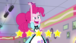 Size: 1920x1080 | Tagged: safe, screencap, character:pinkie pie, episode:five stars, g4, my little pony:equestria girls, cellphone, female, happy, open mouth, phone, photo, ponytail, server pinkie pie, smiling, solo, triumph, victory