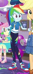 Size: 411x919 | Tagged: safe, screencap, character:applejack, character:fluttershy, character:rainbow dash, character:spike, character:spike (dog), species:dog, episode:fomo, g4, my little pony:equestria girls, clothing, converse, female, geode of fauna, geode of super speed, magical geodes, offscreen character, pants, sandals, shoes, smiling, sneakers