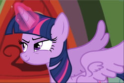 Size: 1405x941 | Tagged: safe, screencap, character:twilight sparkle, character:twilight sparkle (alicorn), species:alicorn, species:pony, episode:testing testing 1-2-3, g4, my little pony: friendship is magic, cropped, glowing horn, golden oaks library, lidded eyes, smiling, smirk, solo, spread wings, wings