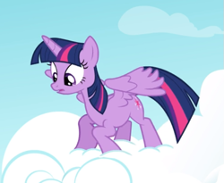 Size: 647x530 | Tagged: safe, screencap, character:twilight sparkle, character:twilight sparkle (alicorn), species:alicorn, species:pony, episode:testing testing 1-2-3, g4, my little pony: friendship is magic, cloud, cropped, solo, spread wings, standing on a cloud, wings