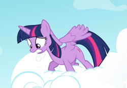 Size: 689x477 | Tagged: safe, screencap, character:twilight sparkle, character:twilight sparkle (alicorn), species:alicorn, species:pony, episode:testing testing 1-2-3, g4, my little pony: friendship is magic, cloud, cropped, solo, spread wings, standing on a cloud, struggling, teeth, wings