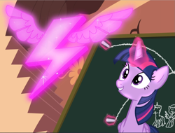 Size: 1239x940 | Tagged: safe, screencap, character:twilight sparkle, character:twilight sparkle (alicorn), species:alicorn, species:pony, episode:testing testing 1-2-3, g4, my little pony: friendship is magic, chalk, chalkboard, cropped, glowing horn, golden oaks library, levitation, magic, magic construct, smiling, solo, telekinesis, wonderbolts logo