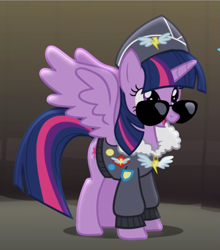 Size: 809x919 | Tagged: safe, screencap, character:twilight sparkle, character:twilight sparkle (alicorn), species:alicorn, species:pony, episode:testing testing 1-2-3, g4, my little pony: friendship is magic, badge, clothing, commander easy glider, cropped, glasses, hat, jacket, open mouth, solo, spread wings, sunglasses, wings