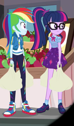 Size: 381x648 | Tagged: safe, screencap, character:rainbow dash, character:twilight sparkle, character:twilight sparkle (scitwi), species:eqg human, episode:fomo, g4, my little pony:equestria girls, bags, clothing, converse, geode of super speed, geode of telekinesis, glasses, legs, magical geodes, pants, ponytail, shoes, skirt, smiling, sneakers, socks