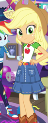Size: 415x1045 | Tagged: safe, screencap, character:applejack, character:rainbow dash, episode:fomo, g4, my little pony:equestria girls, applejack's hat, belt, boots, clothing, converse, cowboy boots, cowboy hat, denim skirt, female, freckles, geode of super strength, hat, looking at you, magical geodes, offscreen character, shoes, skirt, smiling, sneakers, stetson