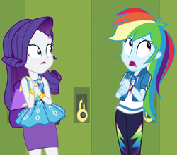 Size: 1099x967 | Tagged: safe, screencap, character:rainbow dash, character:rarity, episode:fomo, g4, my little pony:equestria girls, canterlot high, cropped, geode of shielding, geode of super speed, lockers, magical geodes