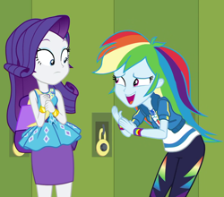 Size: 1120x987 | Tagged: safe, screencap, character:rainbow dash, character:rarity, episode:fomo, g4, my little pony:equestria girls, canterlot high, cropped, geode of shielding, geode of super speed, hallway, lockers, magical geodes