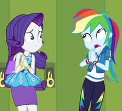 Size: 1061x973 | Tagged: safe, screencap, character:rainbow dash, character:rarity, episode:fomo, g4, my little pony:equestria girls, bracelet, canterlot high, cropped, geode of shielding, geode of super speed, hallway, jewelry, lockers, magical geodes, purse