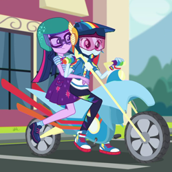 Size: 878x878 | Tagged: safe, screencap, character:rainbow dash, character:twilight sparkle, character:twilight sparkle (scitwi), species:eqg human, episode:fomo, g4, my little pony:equestria girls, converse, cropped, cute, geode of super speed, geode of telekinesis, magical geodes, motorcycle, shoes, sneakers, twiabetes