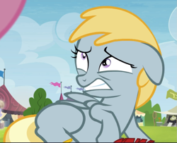 Size: 979x793 | Tagged: safe, screencap, character:chirpy hooves, species:pegasus, species:pony, episode:trade ya, g4, my little pony: friendship is magic, chirpy hooves, cropped, female, floppy ears, gritted teeth, prone, scared, solo, solo focus