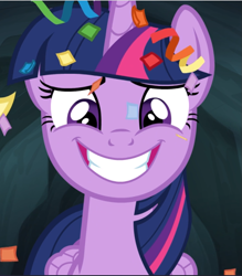 Size: 825x942 | Tagged: safe, screencap, character:twilight sparkle, character:twilight sparkle (alicorn), species:alicorn, species:pony, episode:trade ya, g4, my little pony: friendship is magic, confetti, cropped, grin, nervous, nervous grin, smiling, solo, teeth