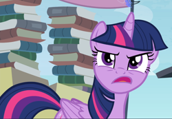 Size: 1338x926 | Tagged: safe, screencap, character:twilight sparkle, character:twilight sparkle (alicorn), species:alicorn, species:pony, episode:trade ya, g4, my little pony: friendship is magic, book, cropped, open mouth, reaction image, twilight is not amused, unamused