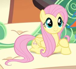 Size: 886x804 | Tagged: safe, screencap, character:fluttershy, character:rainbow dash, species:pegasus, species:pony, episode:trade ya, g4, my little pony: friendship is magic, cropped, crossed hooves, cute, female, looking up, mare, prone, shyabetes, sitting, smiling, solo focus