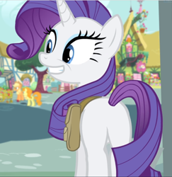 Size: 912x940 | Tagged: safe, screencap, character:applejack, character:carrot top, character:golden harvest, character:rarity, species:earth pony, species:pony, species:unicorn, episode:inspiration manifestation, g4, my little pony: friendship is magic, cropped, female, grin, mare, plot, saddle bag, smiling, solo focus, teeth