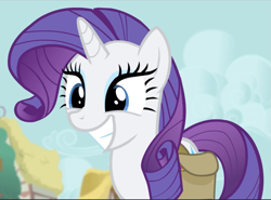 Size: 1275x941 | Tagged: safe, screencap, character:rarity, species:pony, species:unicorn, episode:inspiration manifestation, g4, my little pony: friendship is magic, big smile, cropped, cute, female, grin, mare, raribetes, saddle bag, smiling, solo, teeth