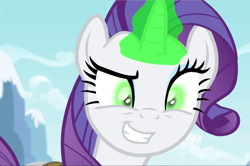 Size: 1410x939 | Tagged: safe, screencap, character:rarity, species:pony, species:unicorn, episode:inspiration manifestation, g4, my little pony: friendship is magic, close-up, cropped, evil grin, female, glowing eyes, glowing horn, grin, inspirarity, mare, possessed, smiling, solo, teeth