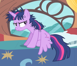 Size: 917x788 | Tagged: safe, screencap, character:twilight sparkle, character:twilight sparkle (alicorn), species:alicorn, species:pony, episode:inspiration manifestation, g4, my little pony: friendship is magic, angry, bed, cropped, golden oaks library, messy mane, sitting, solo, twilight is not amused, unamused, wings