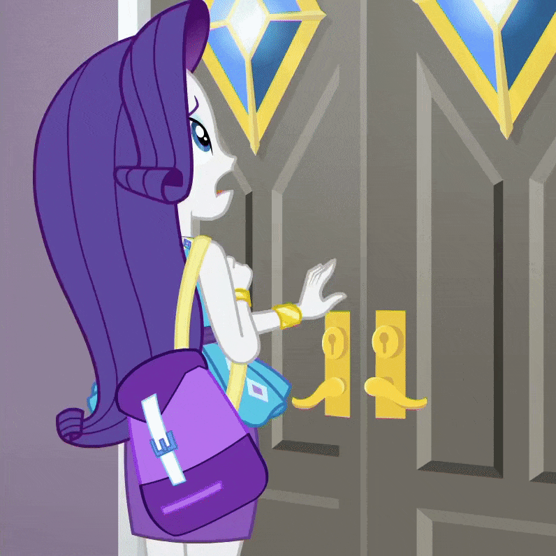 Size: 796x796 | Tagged: safe, screencap, character:rarity, episode:fomo, g4, my little pony:equestria girls, animated, bracelet, clothing, cropped, door, drama queen, female, geode of shielding, gif, jewelry, magical geodes, marshmelodrama, pencil skirt, purse, rarity being rarity, skirt, swoon