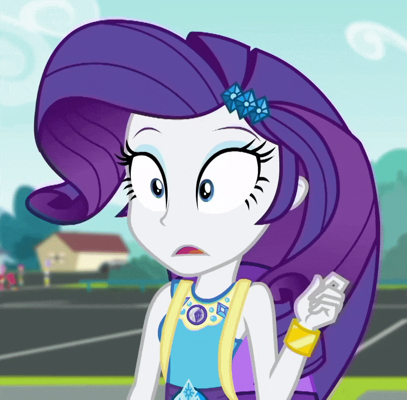 Size: 800x787 | Tagged: safe, screencap, character:apple bloom, character:diamond tiara, character:rarity, character:scootaloo, character:sweetie belle, species:pegasus, species:pony, episode:fomo, g4, my little pony:equestria girls, animated, bracelet, cropped, female, geode of shielding, jewelry, magical geodes, marshmelodrama, parking lot, rarity being rarity