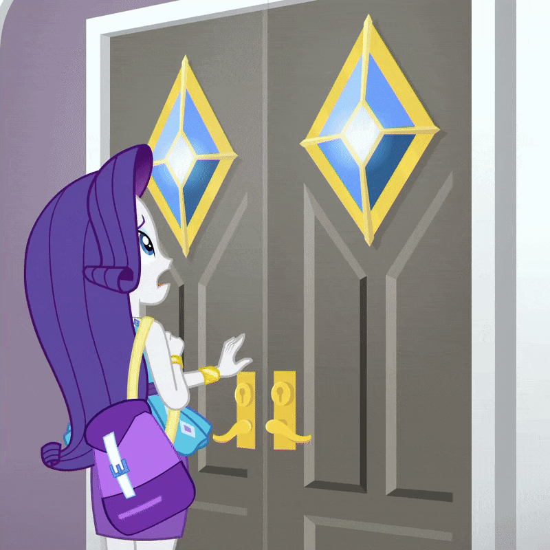Size: 800x800 | Tagged: safe, screencap, character:rarity, episode:fomo, g4, my little pony:equestria girls, animated, cropped, door, female, geode of shielding, gif, magical geodes, marshmelodrama, purse, rarity being rarity, swoon