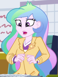 Size: 620x820 | Tagged: safe, screencap, character:princess celestia, character:principal celestia, episode:schedule swap, g4, my little pony:equestria girls, blazer, celestia's office, cropped, female, open mouth, solo, surprised, watch