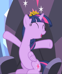 Size: 696x821 | Tagged: safe, screencap, character:twilight sparkle, character:twilight sparkle (alicorn), species:alicorn, species:pony, episode:equestria games, g4, my little pony: friendship is magic, cheering, cropped, crown, eyes closed, jewelry, new crown, open mouth, regalia, sitting, smiling, solo